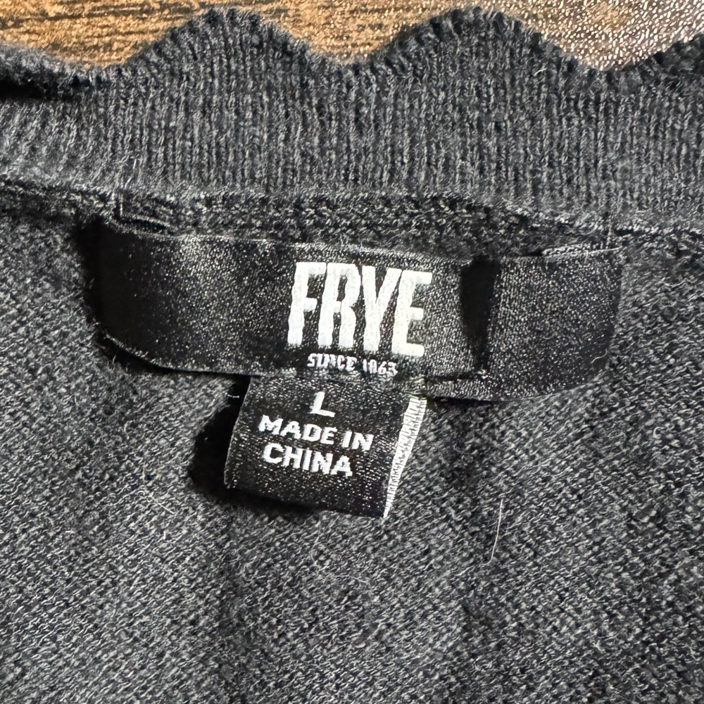 Frye Black Pointelle Open Knit Cotton Cardigan Sweater L Scalloped Edge - Picture 5 of 8